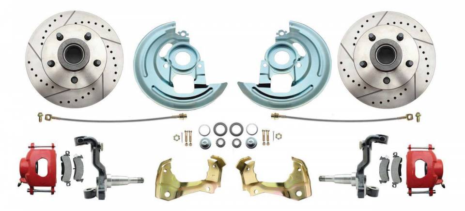 DBK64721012LXR-GM-217  - 1964-1972 GM A Body Front & Rear Power Disc Brake Conversion Kit Drilled & Slotted & Powder Coated Red Ca