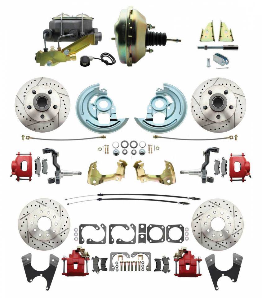 DBK64721012LXR-GM-217  - 1964-1972 GM A Body Front & Rear Power Disc Brake Conversion Kit Drilled & Slotted & Powder Coated Red Ca