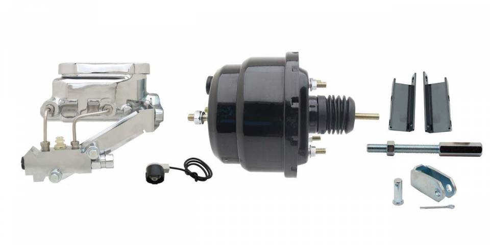 GMFS1-725-  1955-1958 GM Full Size (Impala, Bel Air) 8" Dual Powder Coated Black Booster Conversion Kit w/ Chrome Flat Top Master